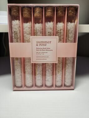 Summer & Rose Relaxing Bath Salts Gift Set Rose Green Tea Chamomile 6 Vials NIB